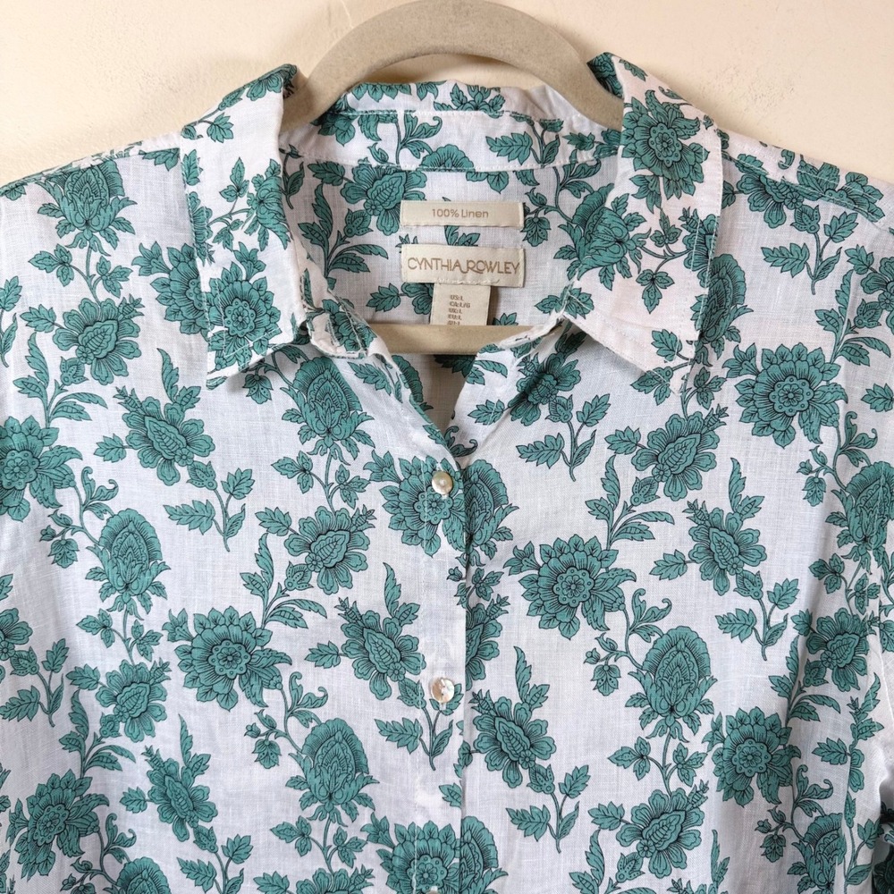 Cynthia Rowley 100% Linen Button Up Shirt Women's L Floral Coastal Beachy Vacay